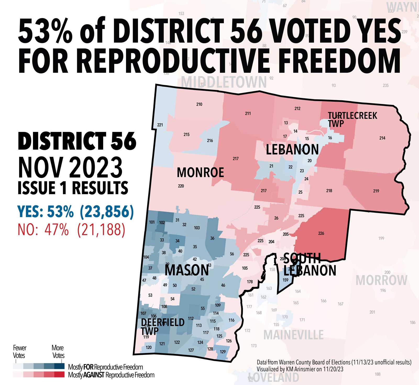 Map of Ohio HD-56 showing a 53% majority for reproductive choice